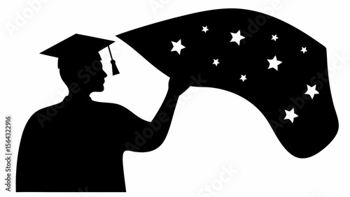 Silhouette of graduate holding starry banner celebrating academic achievement and future aspirations ahead | editable eps vectors