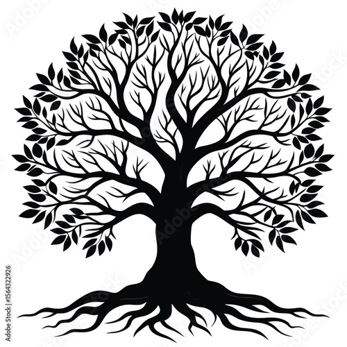 Intricate black silhouette of a majestic tree with spreading branches and exposed roots against a white background