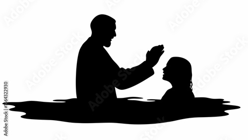 Silhouette of a man baptizing a woman in water with his hand raised in a religious ceremony scene | editable eps vectors