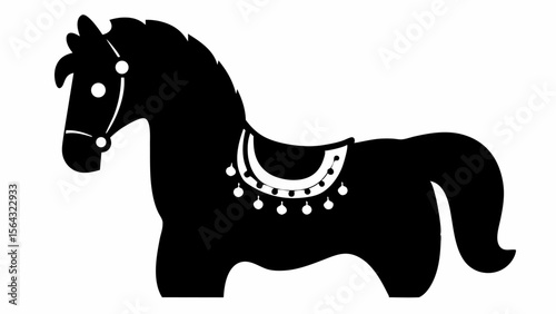 Silhouette of a horse with saddle and bridle in black and white simple illustration style design element | editable eps vectors