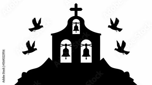 Silhouette of a church with a cross and bells surrounded by four flying birds in monochrome style | editable eps vectors