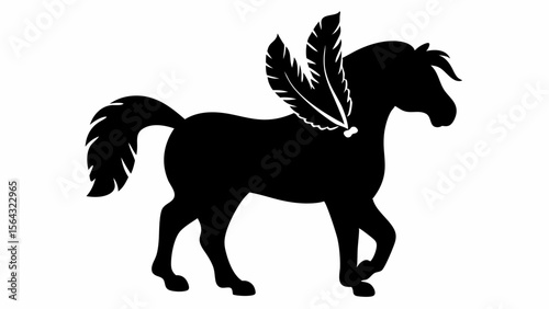 Silhouette of a horse with two white feathers attached to its neck standing on a white background | editable eps vectors