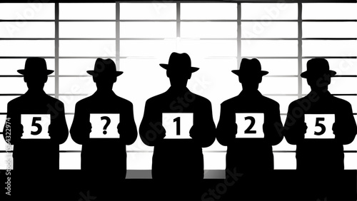 Silhouettes of five men in hats holding signs with numbers and a question mark against a window grid | editable eps vectors