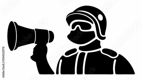 Illustration of a riot police officer with helmet and sunglasses holding a megaphone in black and white | editable eps vectors silhouette