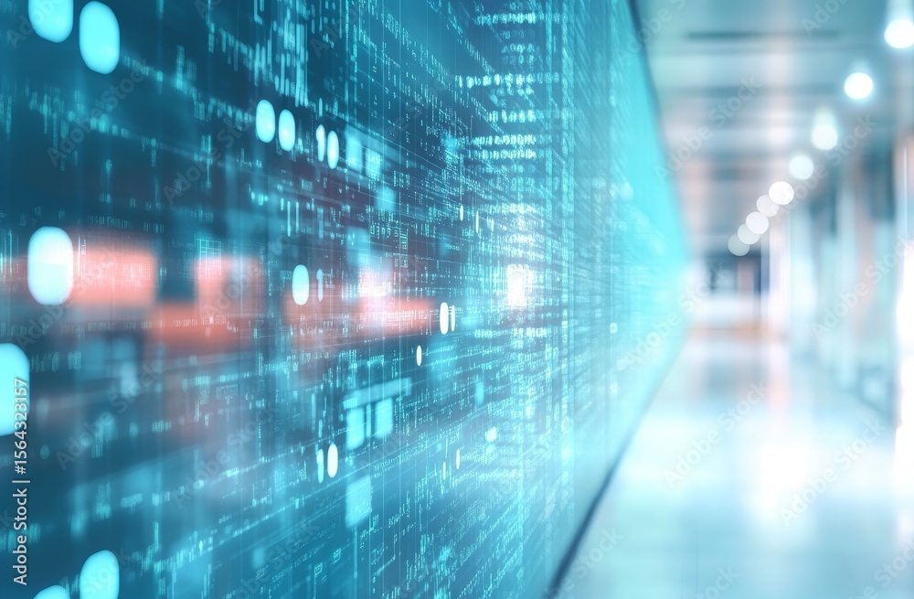Abstract digital code flowing on a large screen in a modern hallway. Abstract digital code flowing on a large screen in a modern hallway.