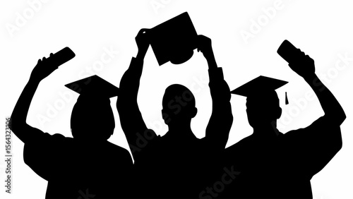 Silhouette of three graduates raising their caps and phones in celebration of graduation day event | editable eps vectors