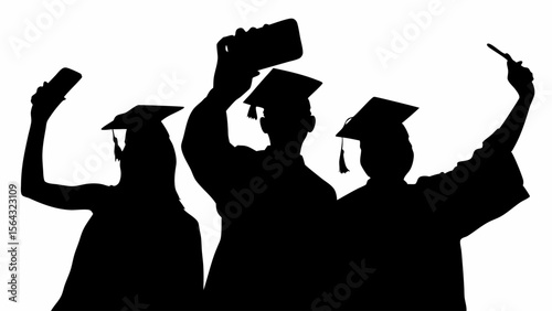 Silhouette of graduates celebrating with phones and diploma at graduation ceremony success achievement | editable eps vectors