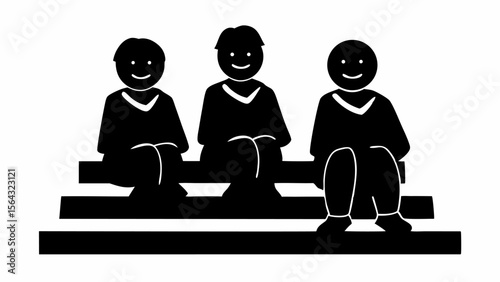 Three figures sitting on steps wearing robes in a simple black and white illustration style image | editable eps vectors silhouette