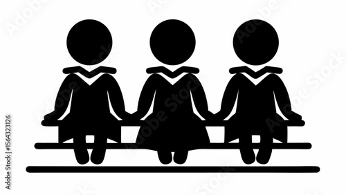 Three identical figures sitting side by side holding hands on a bench in a black and white illustration | editable eps vectors silhouette