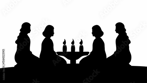 Silhouette of four women sitting around a table with three candles in a monochrome illustration | editable eps vectors