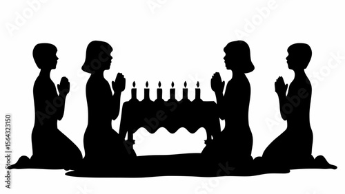 Silhouette of four people kneeling in prayer around a table with seven candles in black and white | editable eps vectors