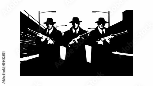 Three gangsters in hats and coats holding guns in a black and white graphic illustration style scene | editable eps vectors silhouette