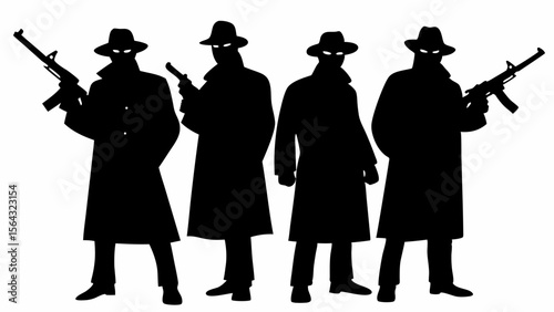 Silhouette of four men in trench coats and hats holding guns standing in a row on white background | editable eps vectors