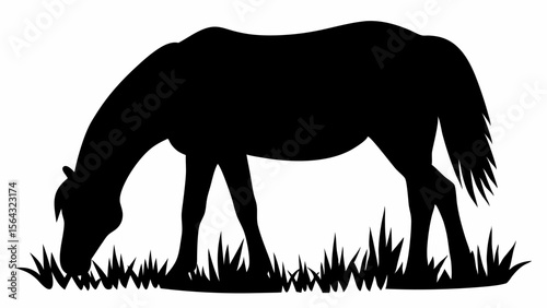 Silhouette of a horse grazing in a field of grass with its head down eating calmly and peacefully | editable eps vectors