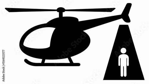 Illustration of a helicopter shining a spotlight on a person standing below the aircraft in black and white | editable eps vectors silhouette