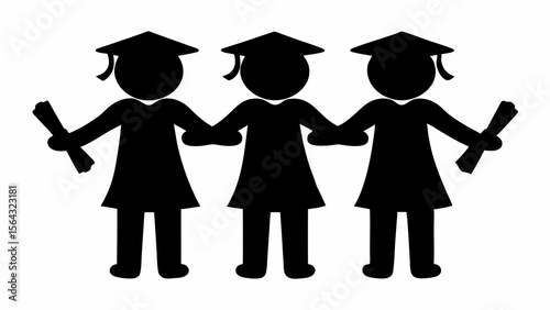 Three graduates holding hands and diplomas in black silhouette on a white background celebration | editable eps vectors