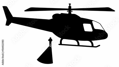 Silhouette of helicopter with a person standing on a cone shaped object in black and white drawing | editable eps vectors