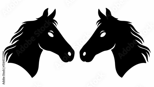 Two black horse heads facing each other in a symmetrical composition with a white background design element | editable eps vectors silhouette