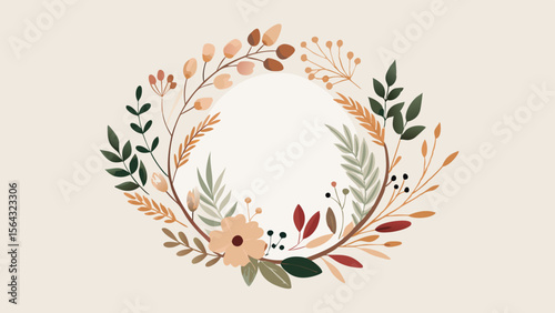Autumn wreath with earthy tones and floral accents on cream background