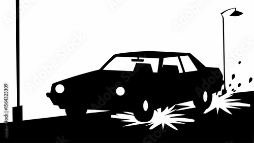 Silhouette of a car driving past a lamppost with debris flying from underneath the vehicle on road | editable eps vectors