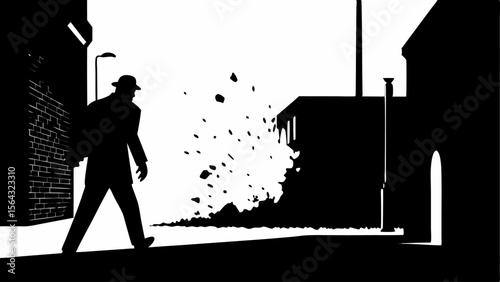 A man in a hat and coat walks past a building with debris in a black and white graphic illustration | editable eps vectors silhouette