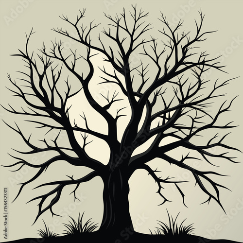 Silhouette of a large bare deciduous tree with intricate branches against a soft glowing moonlit sky evoking a sense of winter or dormancy