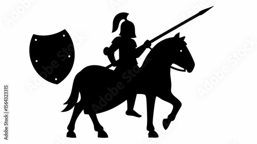Silhouette illustration of a knight with a spear riding a horse with a shield on a white background | editable eps vectors