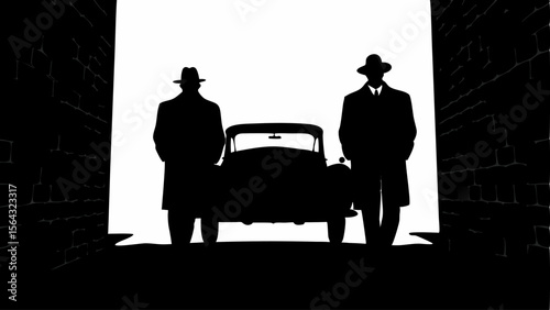 Silhouette of two men in hats and coats standing next to a car in front of a brick wall background | editable eps vectors