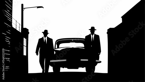 Two men in suits and hats stand in front of a car in a black and white illustration style scene | editable eps vectors silhouette