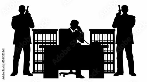 Silhouette of man at desk on phone with armed guards standing by bookshelves for protection duty | editable eps vectors