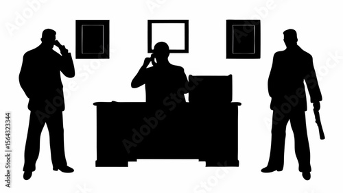 Silhouetted figures in an office setting with one holding a gun and others on the phone at desks | editable eps vectors
