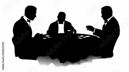 Silhouette of three men playing poker at a table with chips and cards in a dark and mysterious setting | editable eps vectors