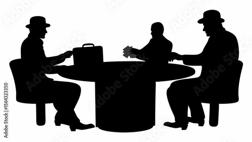 Silhouette of three men sitting around a table with cards and a briefcase in a dark room setting | editable eps vectors