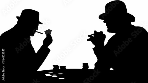 Silhouette of two men in hats playing poker with chips and cards and smoking cigarettes at a table | editable eps vectors
