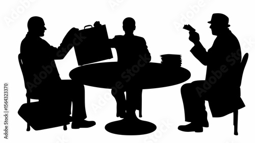 Silhouette of three men at a table with briefcase and cards in a dark and mysterious setting scene | editable eps vectors