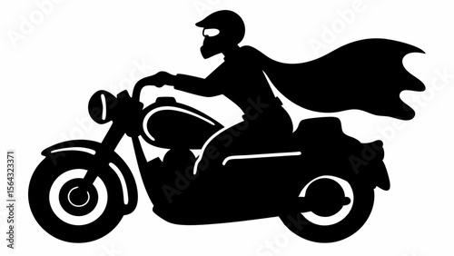 Silhouette of a superhero with a cape riding a motorcycle in black and white illustration style | editable eps vectors