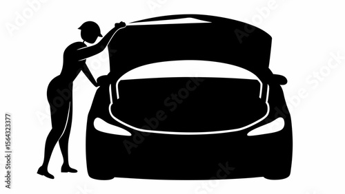 Silhouette of a woman opening the hood of a car in black and white vector illustration style image | editable eps vectors