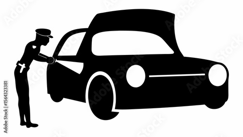 Silhouette of a police officer inspecting a car with an open hood in black and white style | editable eps vectors