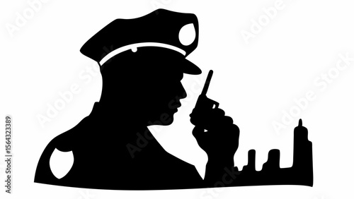 Silhouette of a police officer in uniform holding a radio with a cityscape in the background design vector | editable eps vectors