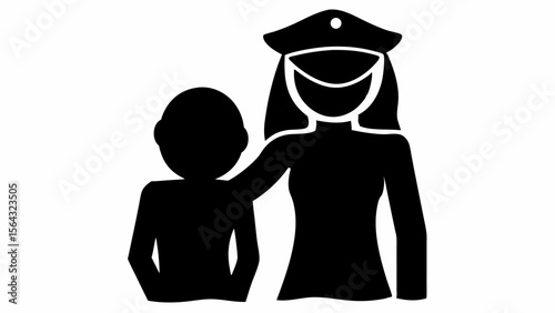 Silhouette of a police woman with a child her hand on the childs shoulder in black and white image | editable eps vectors