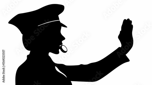 Silhouette of a traffic officer in uniform with hand raised and whistle in mouth against white background | editable eps vectors