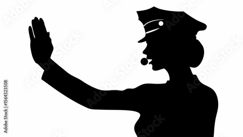 Silhouette of a police woman with hand up signaling stop and wearing a hat and blowing a whistle | editable eps vectors