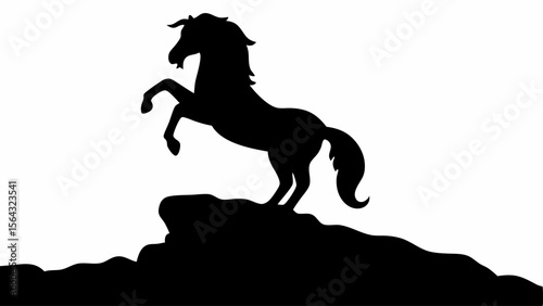 Silhouette of a rearing horse standing atop a rocky terrain against a plain white background artistic view | editable eps vectors