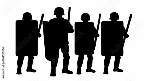 Silhouette of four riot police officers with shields and batons standing in a row on white background | editable eps vectors