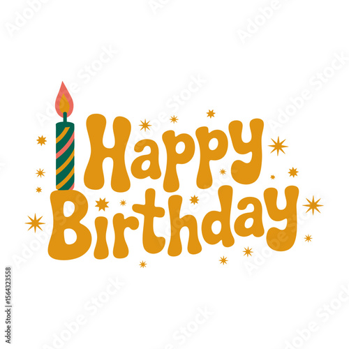 Happy birthday graphic suitable for digital invitations, social media posts, greeting cards, and event promotions. Lit candle adds festive touch.