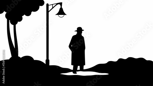 Silhouette of a man in a coat and hat standing under a street lamp near a tree in the darkness | editable eps vectors