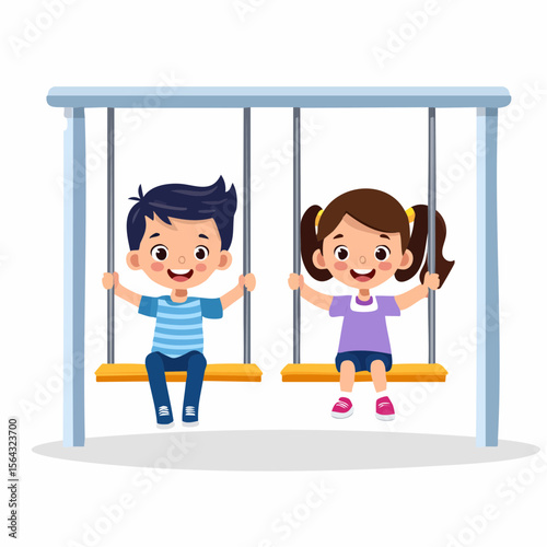 Happy Children Playing on a Swing Set Vector Illustration