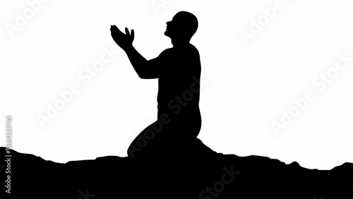 Silhouette of a person kneeling with hands raised in prayer against a white background scene view | editable eps vectors