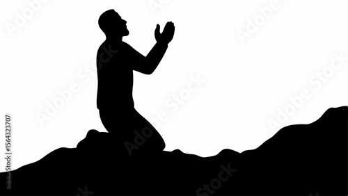 Silhouette of a man kneeling in prayer with hands raised against a white background on a dark surface | editable eps vectors