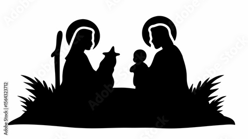 Silhouette of the nativity scene with mary joseph baby jesus and star in black and white illustration | editable eps vectors